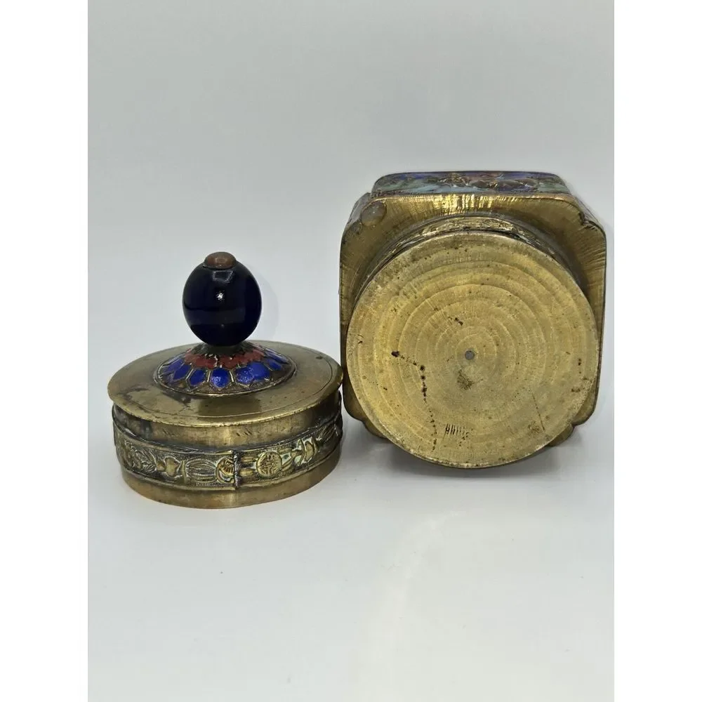 Antique Chinese Brass Enameled Tea Canister‎
